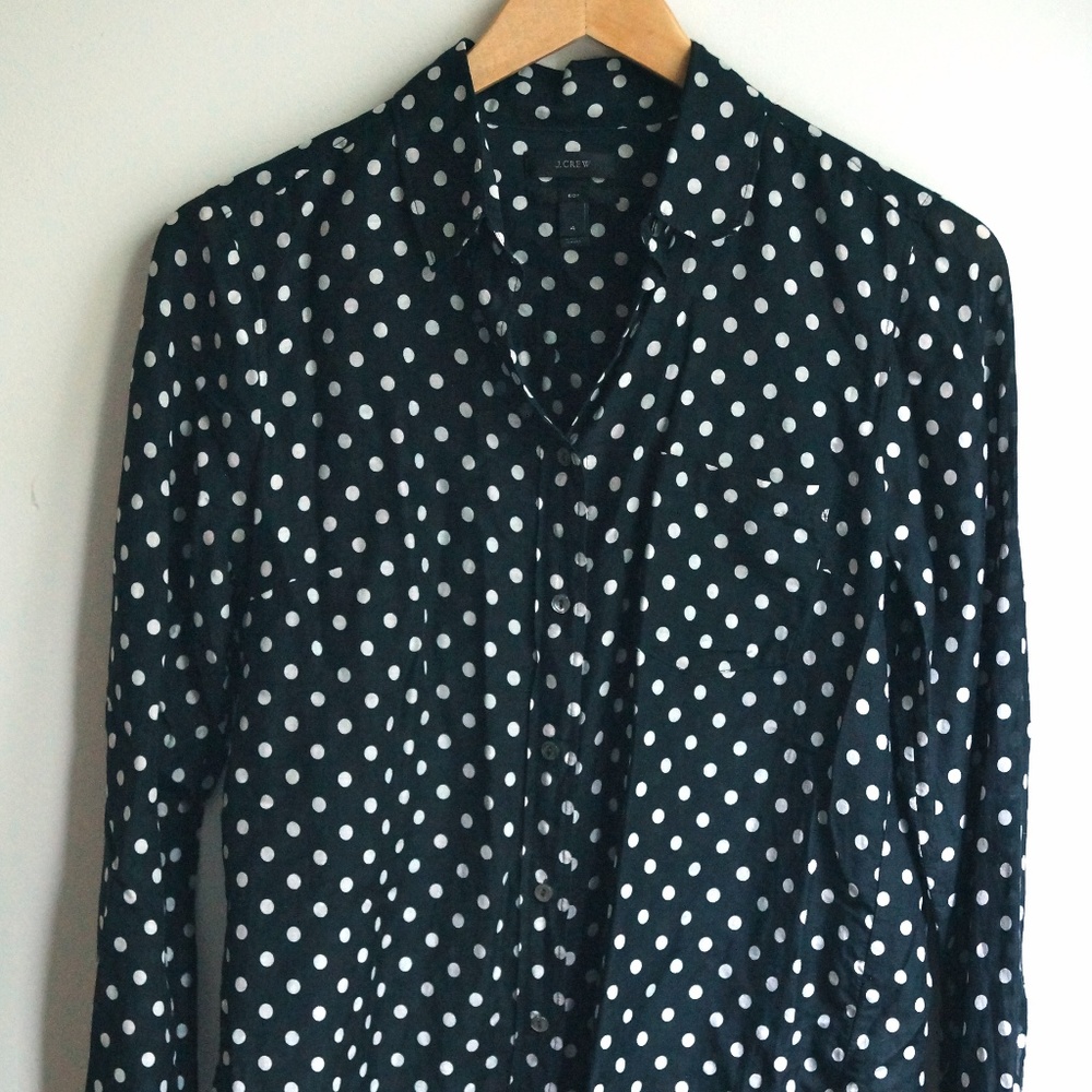 J. Crew boy fit navy polka dot blouse